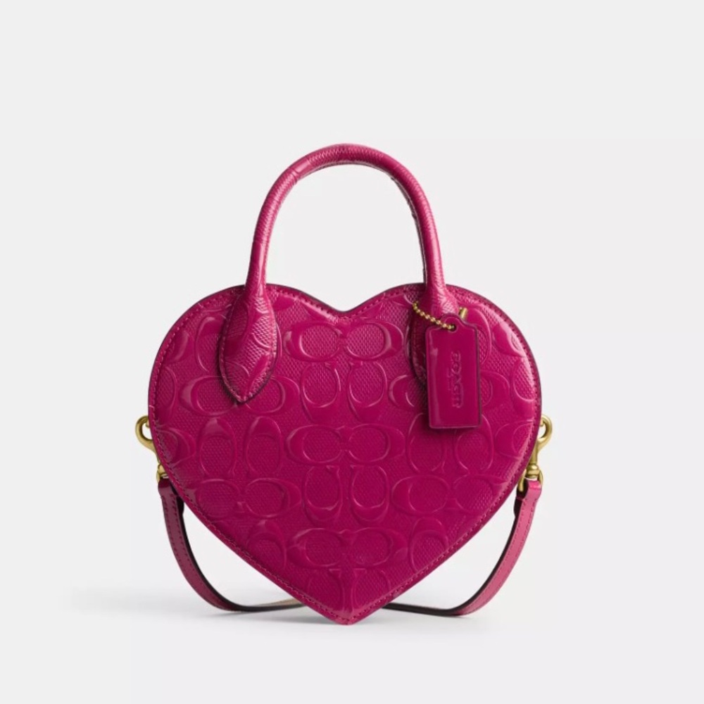 Coach Novelty Signature Patent Leather Heart Bag Fuchsia
